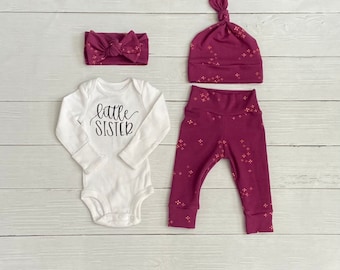 newborn little sister coming home outfit, baby girl little sister outfit, baby girl shower gift, purple baby outfit, take home hospital baby