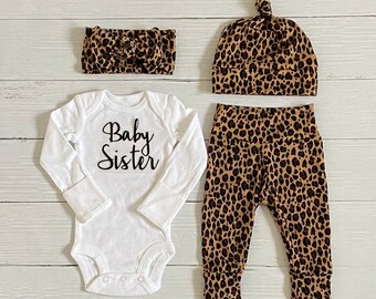 Baby sister coming home outfit, newborn baby sister outfit, baby sister hospital outfit, baby girl shower gift, newborn baby leopard outfit