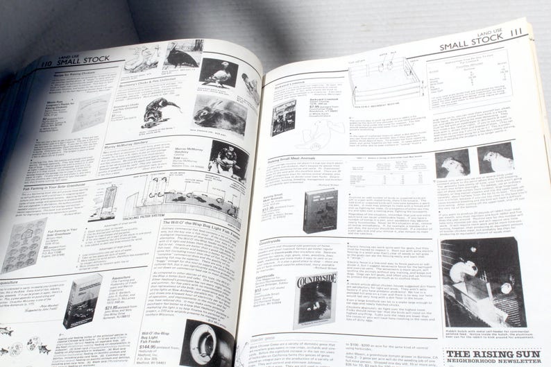 K&ouml;nnte beinhalten: Ein offenes Buch mit Seiten mit Schwarz-Wei&szlig;-Illustrationen und Text. Die linke Seite tr&auml;gt die Aufschrift "SMALL STOCK" und enth&auml;lt Bilder von V&ouml;geln und anderen Tieren. Die rechte Seite enth&auml;lt ebenfalls Text und Illustrationen mit dem Titel "SMALL STOCK III".