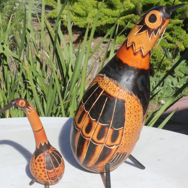 Peruvian Family of BIRD GOURDS– One-Of-A-Kind –Hand-carved Decorative Burnt-in Folk Art Shaker Rattle EXCELLENT Condition