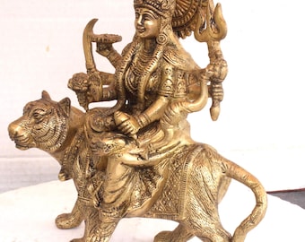 Durga Divine Mother –Brass Statue –Hindu Goddess Seated on Lion