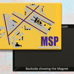 May include: Yellow magnet with a purple and white outline of the Minneapolis-St. Paul International Airport (MSP) and the text "MSP Minneapolis, MN".