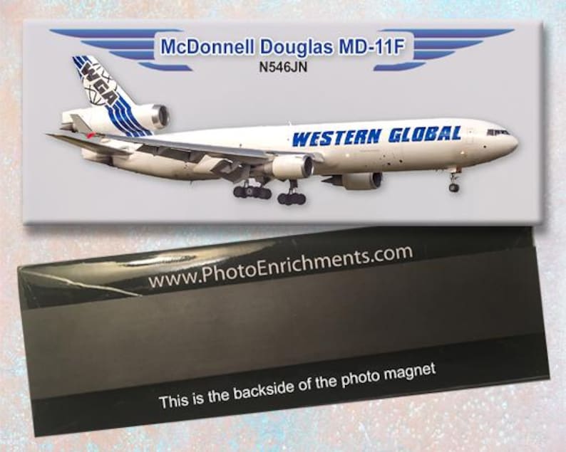 Western Global Airlines, McDonnell Douglas MD-11F, handgemaakte koelkastmagneet in kleur van 2 x 5 inch (PMT1749) afbeelding 1