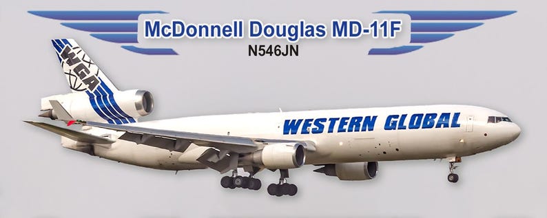 Western Global Airlines, McDonnell Douglas MD-11F, handgemaakte koelkastmagneet in kleur van 2 x 5 inch (PMT1749) afbeelding 2