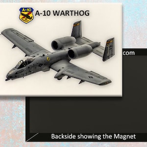 以下が含まれることがあります： グレーとブラックのカラーリングのA-10ワートホッグ航空機のマグネット。マグネットには、航空機の紋章「A-10」と「A-10 WARTHOG」の文字が書かれています。