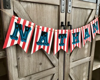 Circus or Carnival Red & White Striped Name Banner-Customizable