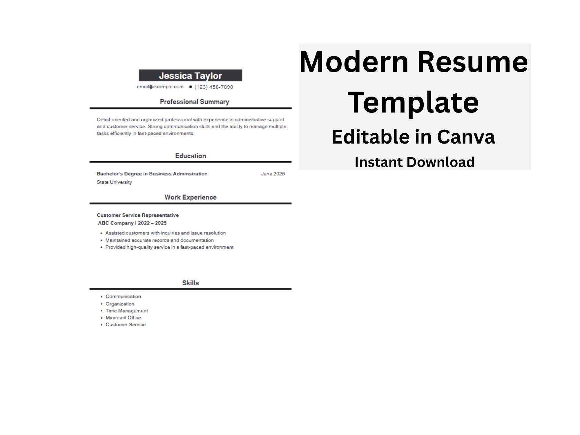 Modern Resume Template Canva | ATS Friendly Professional CV (digital ...