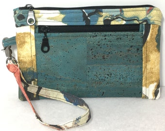 Blue and Mustard Artsy Wristlet with Teal Cork Accents and a Removable Wrist Strap // Impressionist Floral Clutch Purse with Cork Accents