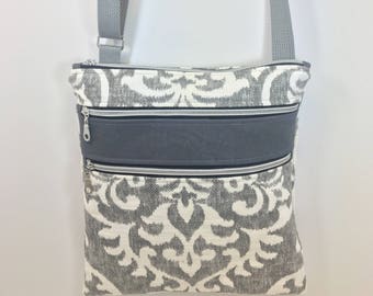 Baroque Patterned Linen and Cork Crossbody Triple Zip Purse with Adjustable Strap