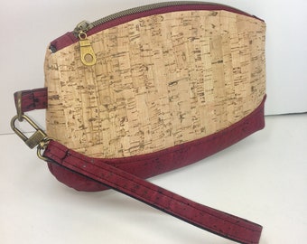 Red and Natural Cork Wristlet with Removable Wrist Strap//Vegan Leather Alternative Cork Wristlet