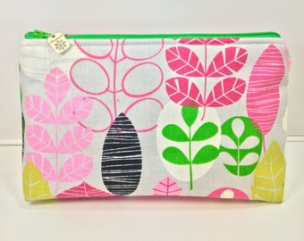 Colorful Stylized Botanical Print Makeup Bag/Toiletries Bag/Carryall Pouch Featuring Pink & Green Leaves on a Gray Background