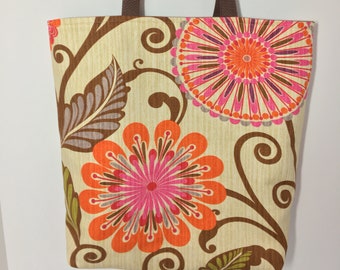Brightly Colored Pink and Orange Floral Tote Bag // Sturdy Tote with Stylized Flower Motif