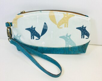 Fabulous Fox Wristlet with Teal Blue Cork Accent and Removable Wrist Strap