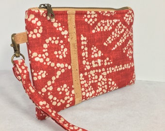 Red and Beige Abstract Print Wristlet with Cork Accents and Removable Wrist Strap // Artsy Red Fabric Clutch with Natural Cork Accents