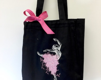 Ballet Tote Bag with an Embroidered Ballerina and Pink Bow//Girl's Dance Themed Tote Bag