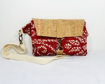 Natural Cork and Red & Beige Patterned Canvas Sling Bag / Hip Bag