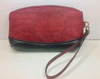 Black and Red Cork and Vinyl Wristlet with Removable Wrist Strap//Vegan Leather Alternative Cork Fabric Wristlet