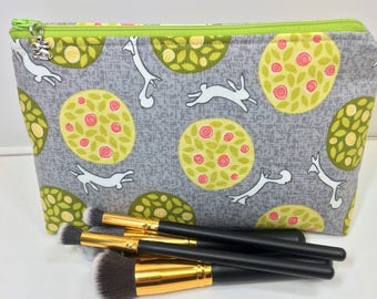 Bunnies and Foxes in the Garden Makeup Bag/Cosmetic Bag/Toiletries Bag/Carryall Pouch with Bunny Charm/Zipper Pull