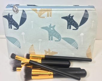 Fabulous Foxes Makeup Bag/Cosmetic Bag/Toiletries Bag/Pencil Bag/Carryall Pouch with Stylized Foxes and Mushrooms