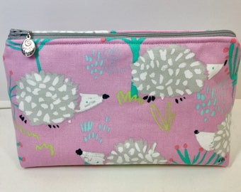 Lilac and Lilac and Grey Hedgehog Makeup Bag/Toiletries Bag/Cosmetic Bag/Pencil Bag/Carryall Pouch with Silver Zipper Pull