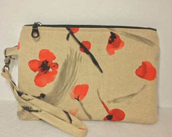 Cherry Blossom Linen Wristlet with Removable Wrist Strap