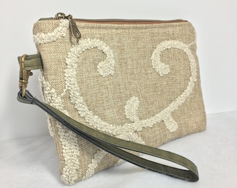 Textured Linen Wristlet with Cork Accents and Removable Cork Wrist Strap // Textured Zippered Clutch Bag