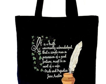 Pride & Prejudice Black Embroidered Tote Bag // Canvas Tote Bag with Jane Austen Quote Embroidery