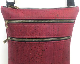 Rich Burgundy Cork Triple Zip Crossbody Purse Made from Vegan, Sustainable Leather Alternative with Adjustable Strap// Red Cork Fabric Bag