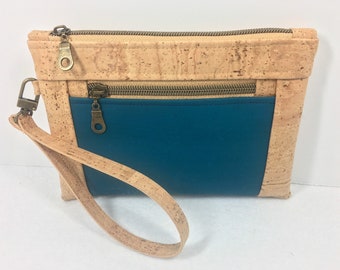 Peacock Blue and Natural Cork Wristlet with Removable Strap // Vegan Leather Alternative Cork Fabric Wristlet