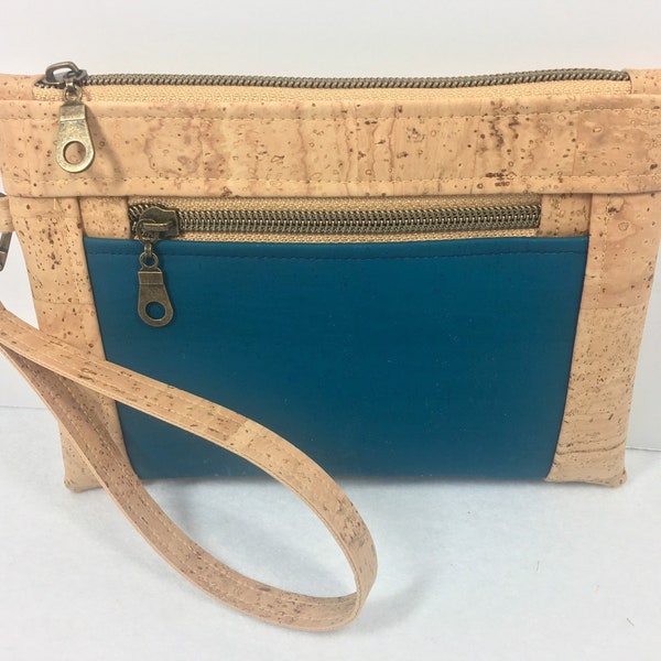 Peacock Blue and Natural Cork Wristlet with Removable Strap // Vegan Leather Alternative Cork Fabric Wristlet