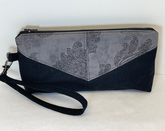 Harlequin Style Black Fabric Wristlet with Grey Paisley Linen Print // Woman's Black and Gray Wristlet with Removable Wrist Strap