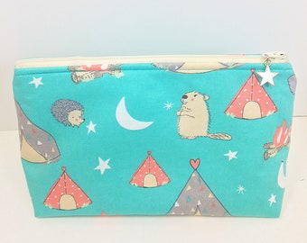 Camping Critters Makeup Bag/Toiletries Bag/Pencil Bag/Carryall Pouch Decorated with Beavers and Hedgehogs with a Sterling Silver Zipper Pull