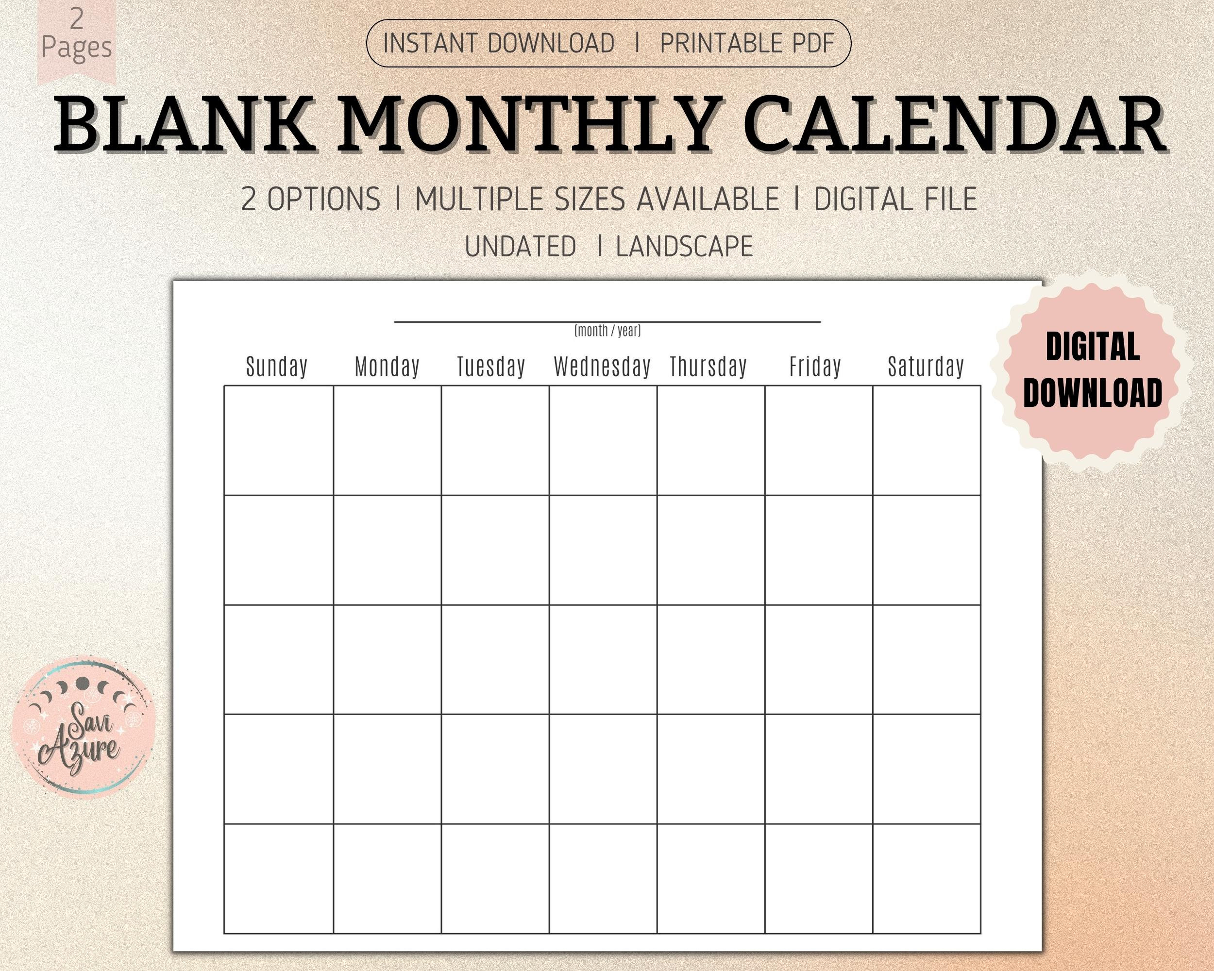 Blank Monthly Calendar Landscape Printable Calendar Simple - Etsy