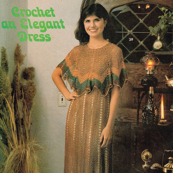Vintage Crochet Pattern for Women - Ladies Elagant Dress with Caplet - 70's crochet pattern - digital download PDF - retro 1970s - Printable