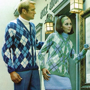 60's Knitting Pattern - Men's and Women's Argyle Knitting Pattern - 1960's Cardigan Knitting Pattern - PDF Downloadable E Pattern