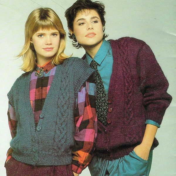 80’s Knitting Pattern - Cable Cardigan Sweater, With or Without Sleeves - PDF Instant Download - 80’s retro 1980’s Sweater