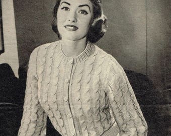 Vintage Women's Knitting Pattern - Cable Cardigan - Downloadable PDF - 1950s retro sweater