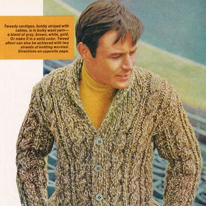 Vintage Knitting Pattern - Men's Tweed Cable Bulky Cardigan - PDF Download - Retro - 1970s 70s knitting