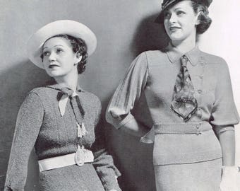 1930s Knitting Patterns for women - 2 Peice Suits - Skirt, Sweater, Jumper, Top - Downloadable PDF - 30s retro