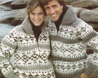 Vintage Cowichan Knitting Pattern - Men's and Women's matching jackets or pullovers  - His & Her's - PDF Downloadable - Retro 70's