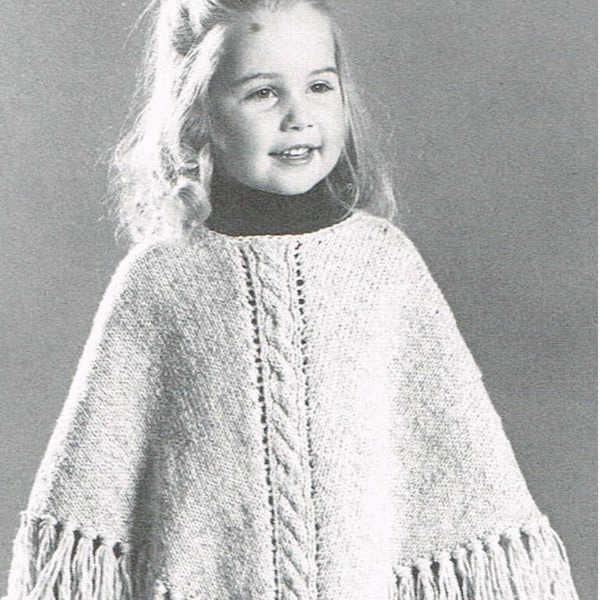 Vintage Knitting Pattern - Girls cable knit poncho - Children's Knitting Patterns - 70's Knitting patterns for girls PDF download retro