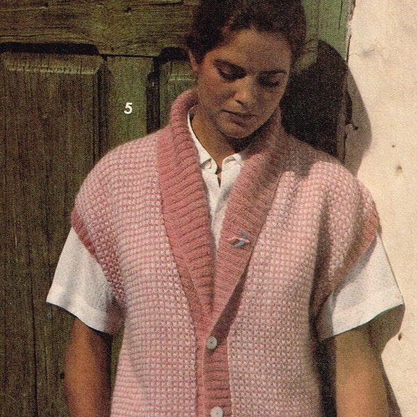 Vintage Knitting Pattern for Women - Shawl Collar Vest, Pebbly Vest, Matching Cowl Sweater - PDF Downloadable Pattern - 70s Wasitcoat 1970s