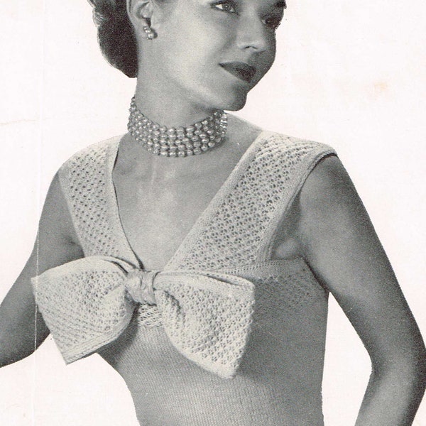 vintage Knitting Patterns - Dance Time - Haut sans manches des années 1950 pour femmes avec nœud - PDF téléchargeable - Tricots rétro des années 50