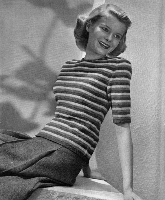 Vintage Women's Knitting Pattern - 1940’s Striped Sweater - Instant  Download PDF - 40’s Pullover epattern