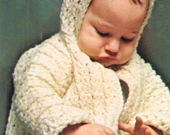 Vintage Baby Crochet Pattern - Baby Sweater with Hood - instant download PDF - 70s 1970s retro infant - Printable Crochet Pattern