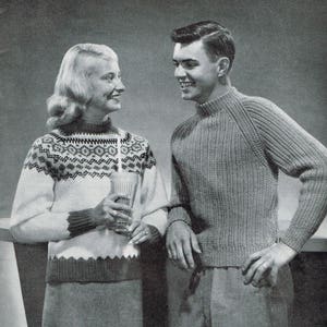 Modèles de tricot des années 50 Pulls pour hommes et femmes Téléchargement PDF Modèles de tricot imprimables Pull Fair Isle des années 1950 image 1