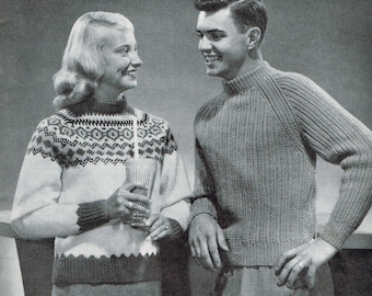 Modèles de tricot des années 50 - Pulls pour hommes et femmes - Téléchargement PDF - Modèles de tricot imprimables - Pull Fair Isle des années 1950