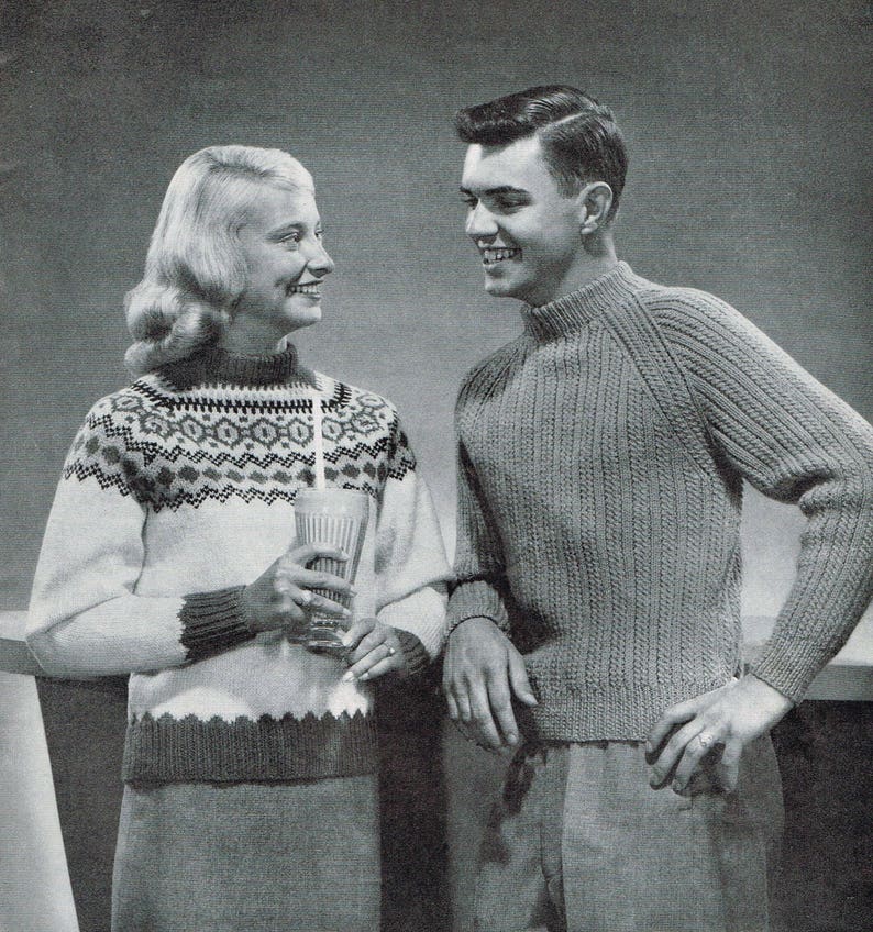 Modèles de tricot des années 50 Pulls pour hommes et femmes Téléchargement PDF Modèles de tricot imprimables Pull Fair Isle des années 1950 image 1