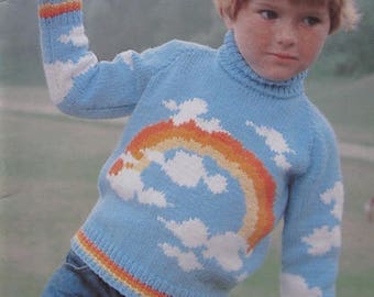 Vintage Knitting Pattern for Kids - Girls or Boys Rainbow Sweater - PDF Download - 70s retro 1970s