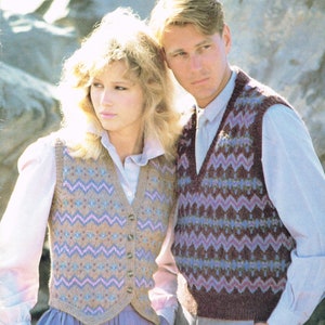 Men’s & Woman’s Knitting Pattern - Fair Isle Waistcoat and Slipover - PDF Downloadable e-pattern - 1980’s Sweater Vest